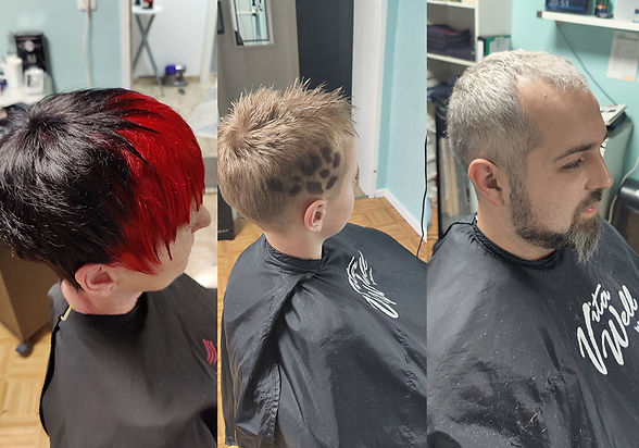 Collage: Farb-Coloration, Kinder-Undercut-Design und Herren-Fade-Schnitt